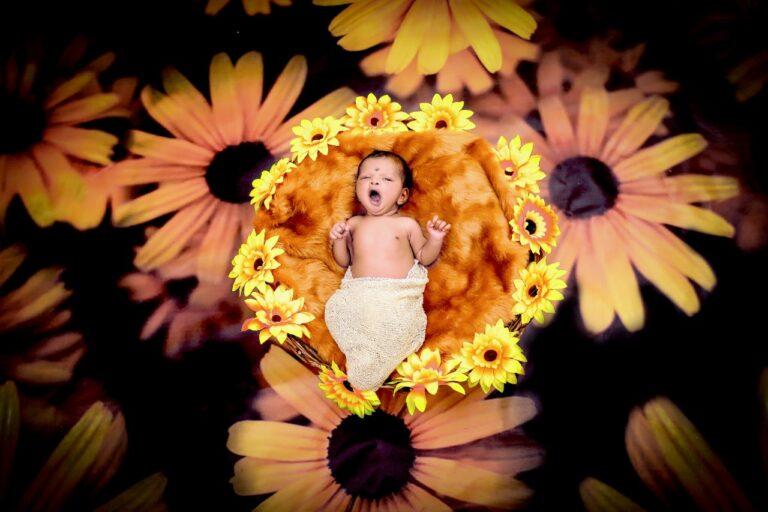 Yawning new born baby in a flower basket with a sunflower backdrop with half draped wrap